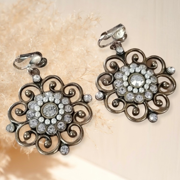 Vintage Jewelry - Vintage 1960s Hippie Faux Pearl and Rhinestone Antique Goldtone Clip Earrings